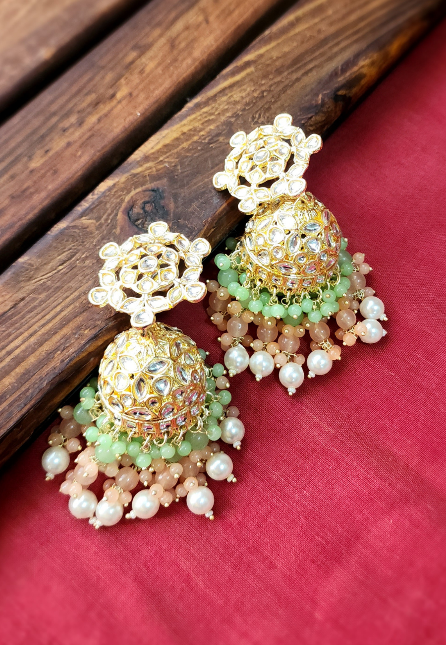 Navya Mint Peach Kundan Pearls Jhumka Earrings