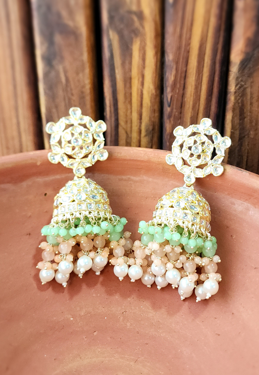 Navya Mint Peach Kundan Pearls Jhumka Earrings