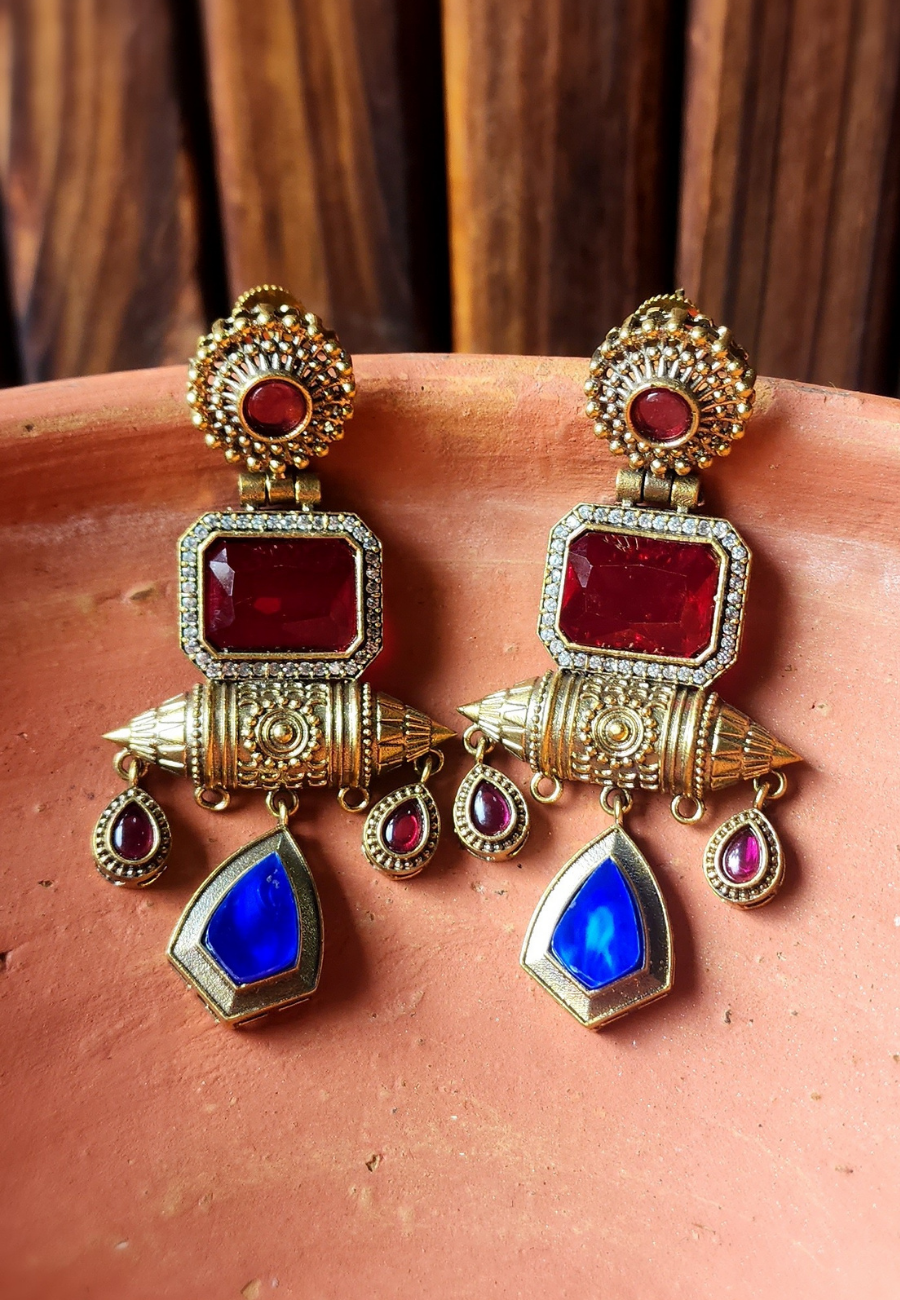 Sofiya Red Blue Tribal Antic Dangler Earrings