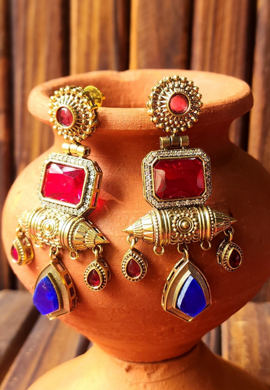 Sofiya Red Blue Tribal Antic Dangler Earrings