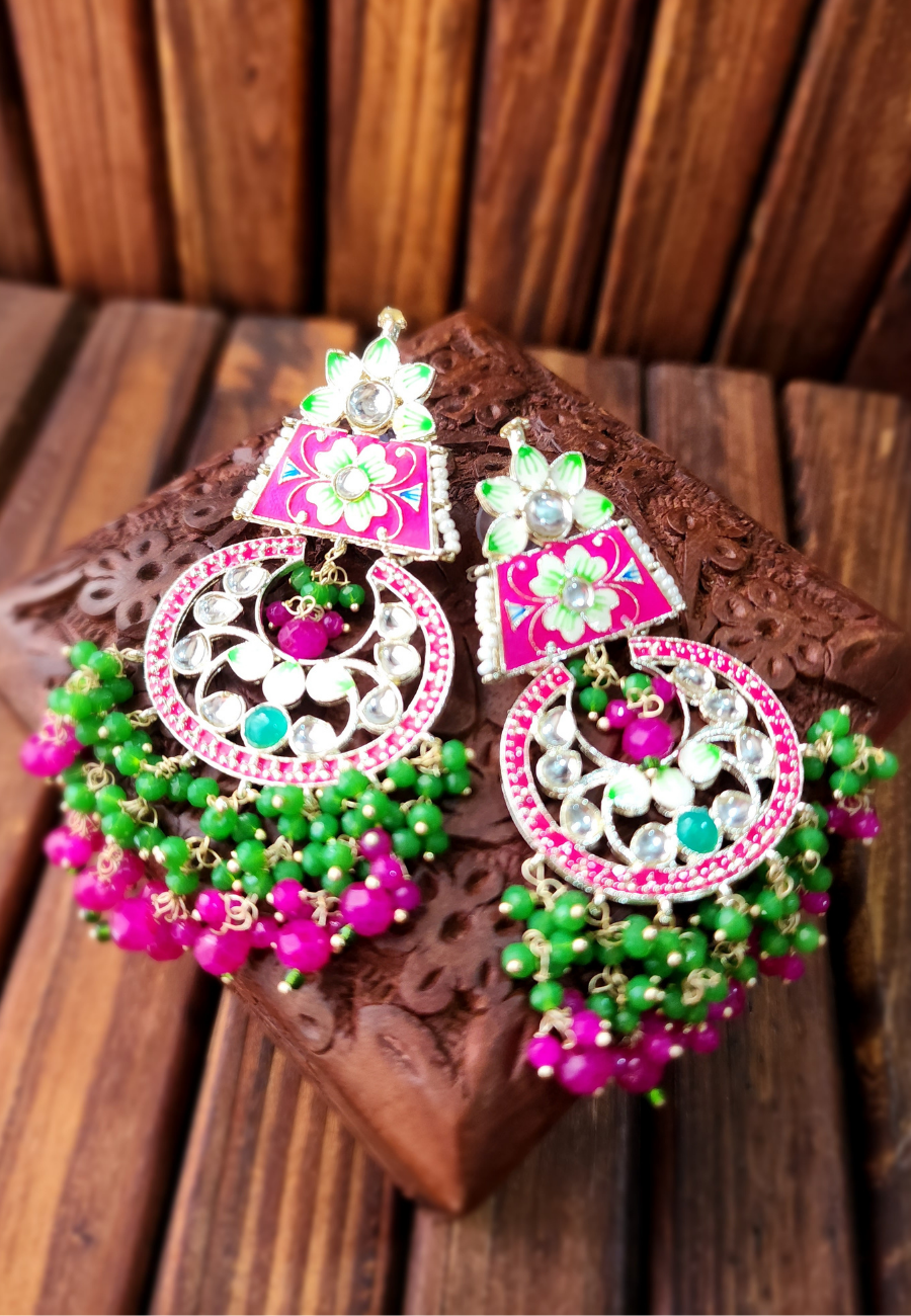Qurbat Green Pink Meenakari Jhumar Earrings