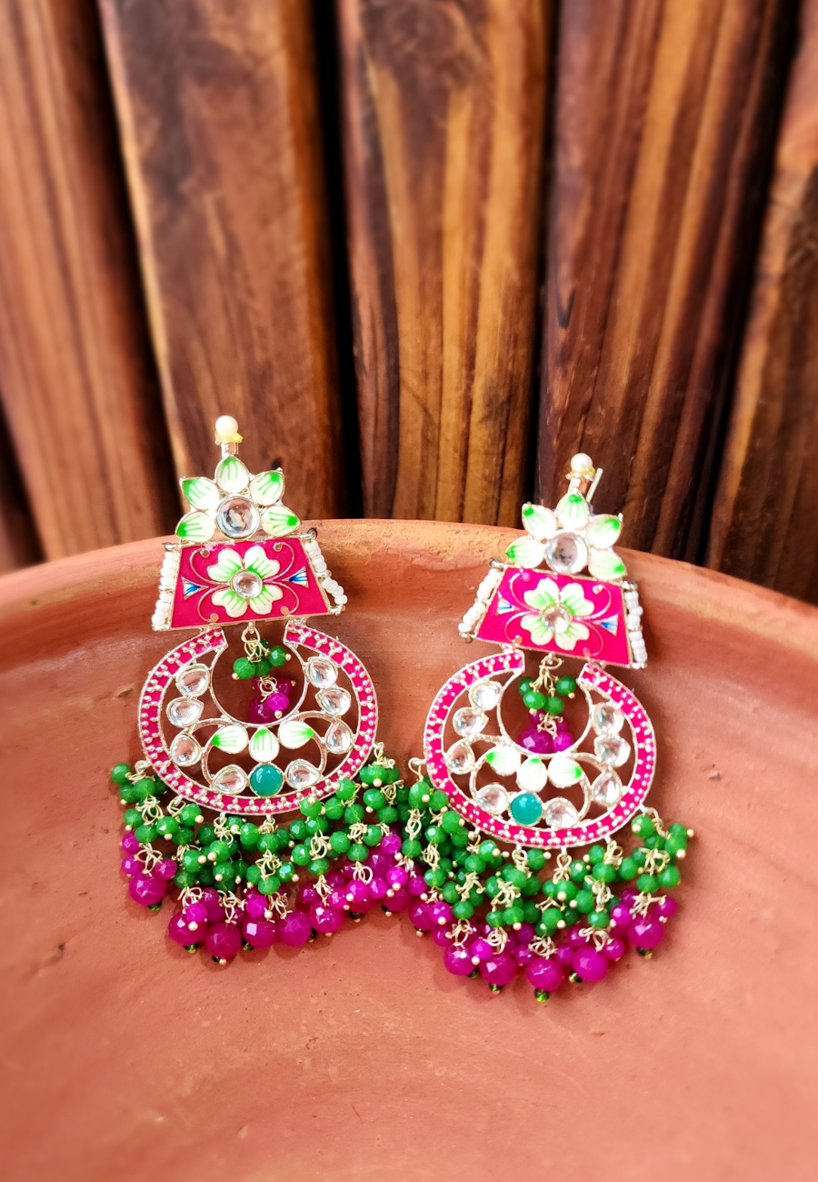 Qurbat Green Pink Meenakari Jhumar Earrings