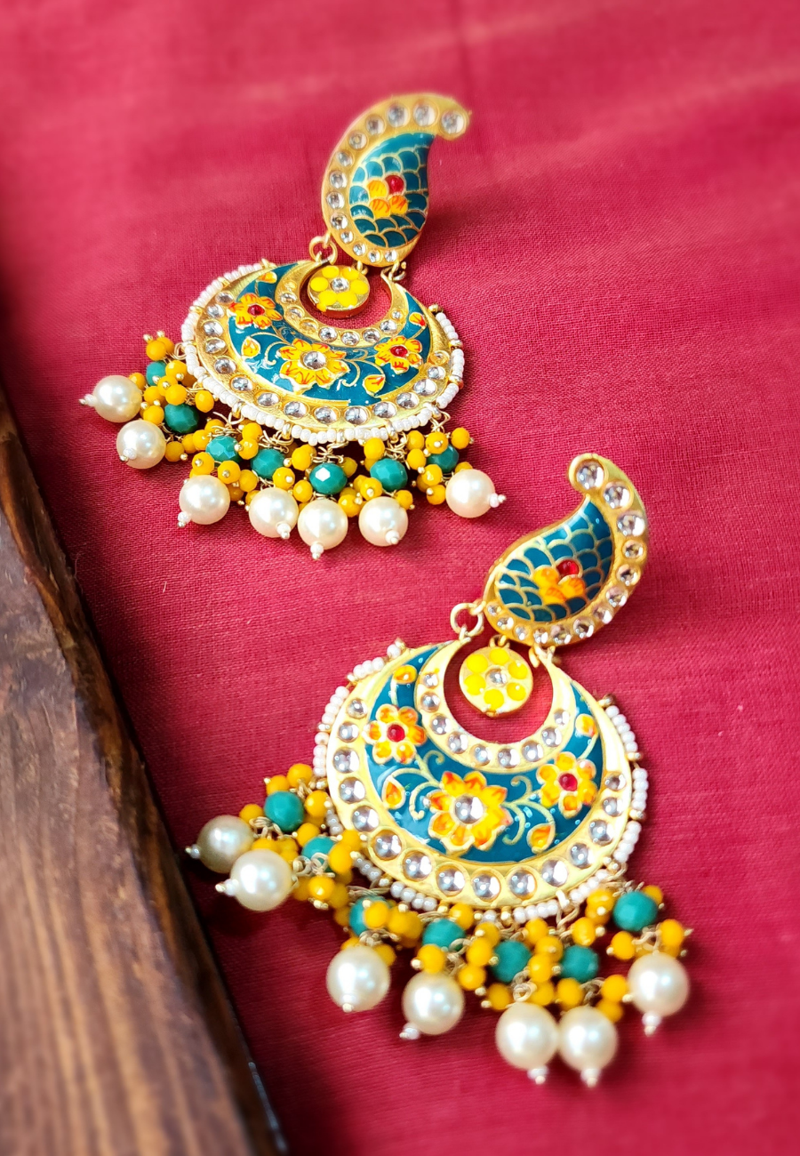 Koyal Teal Yellow Meenakari Chandbali Earrings