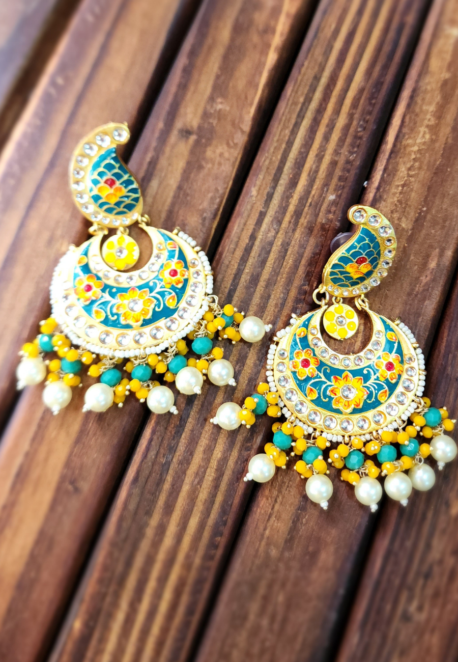 Koyal Teal Yellow Meenakari Chandbali Earrings