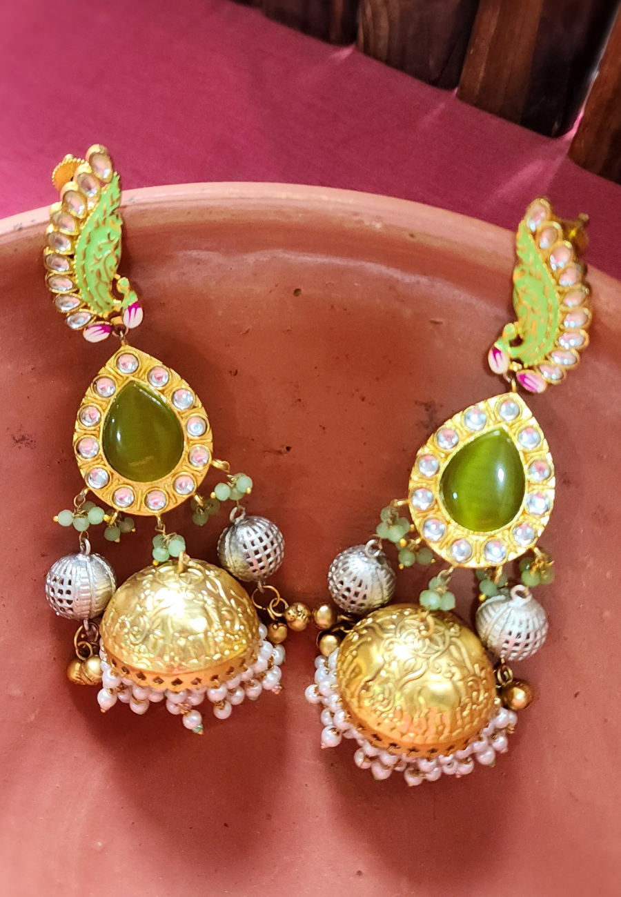 Shayari Olive Green Tribal Jhumka Earrings