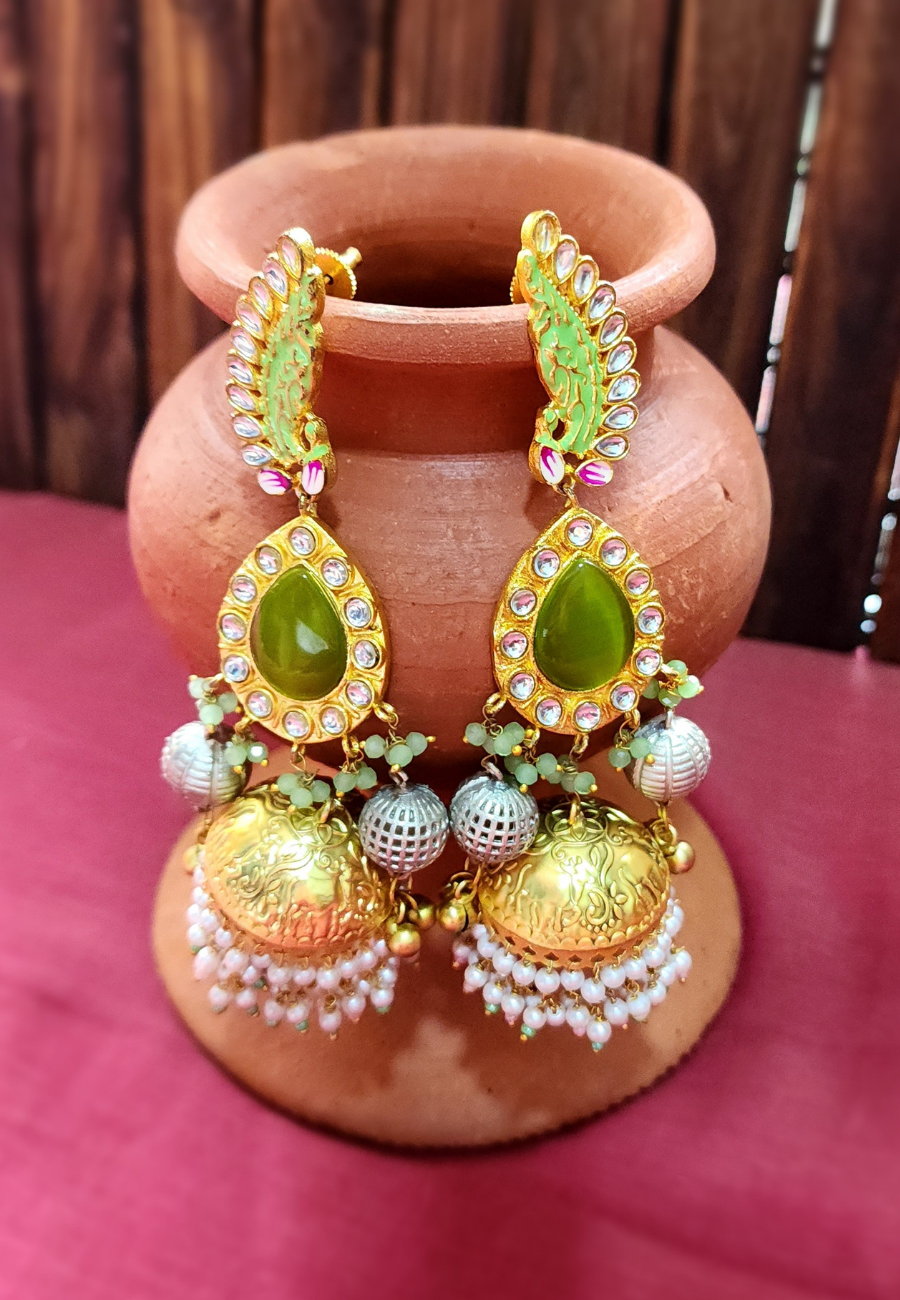Shayari Olive Green Tribal Jhumka Earrings