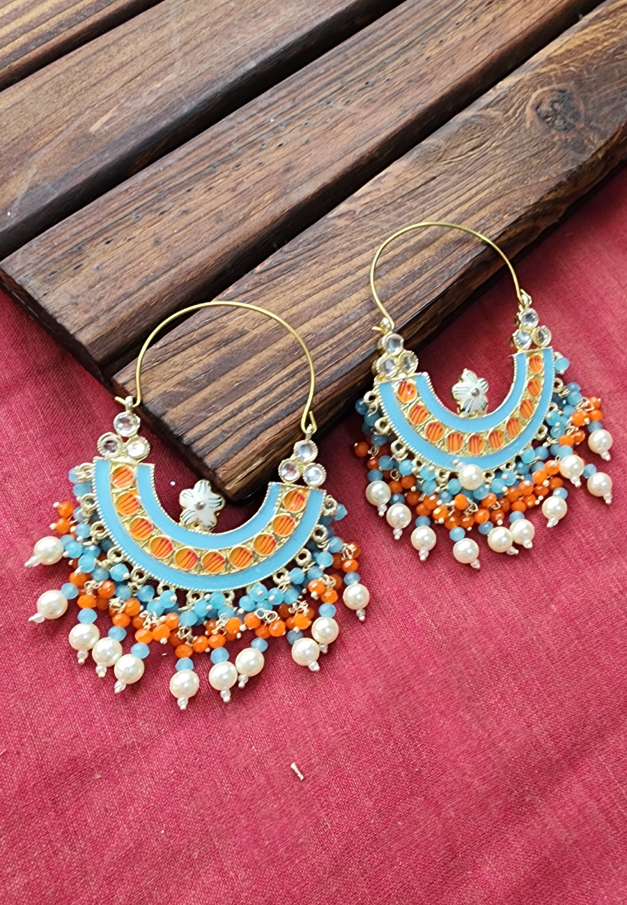 Nargis Blue Orange Meenakari Chandbali Earrings