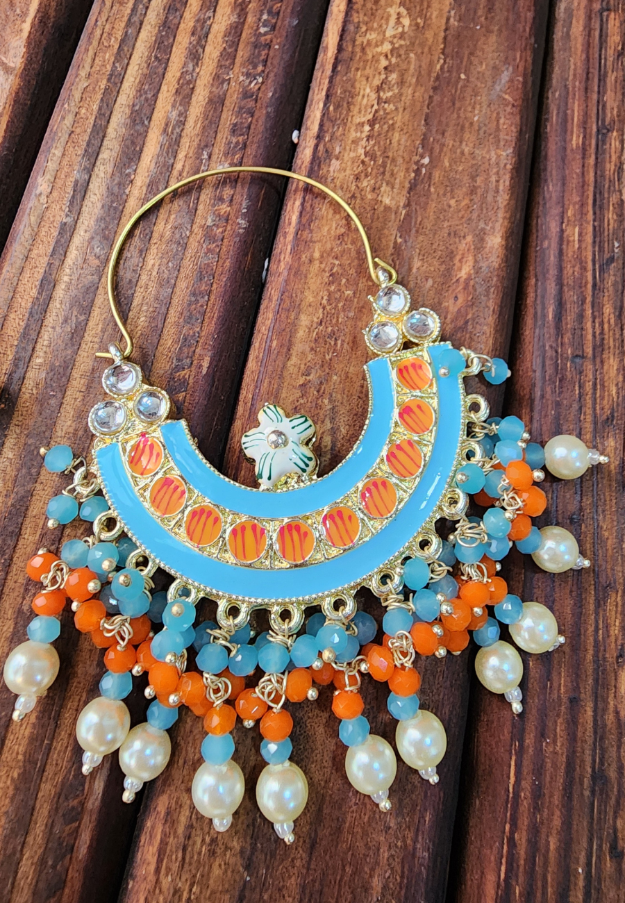 Nargis Blue Orange Meenakari Chandbali Earrings