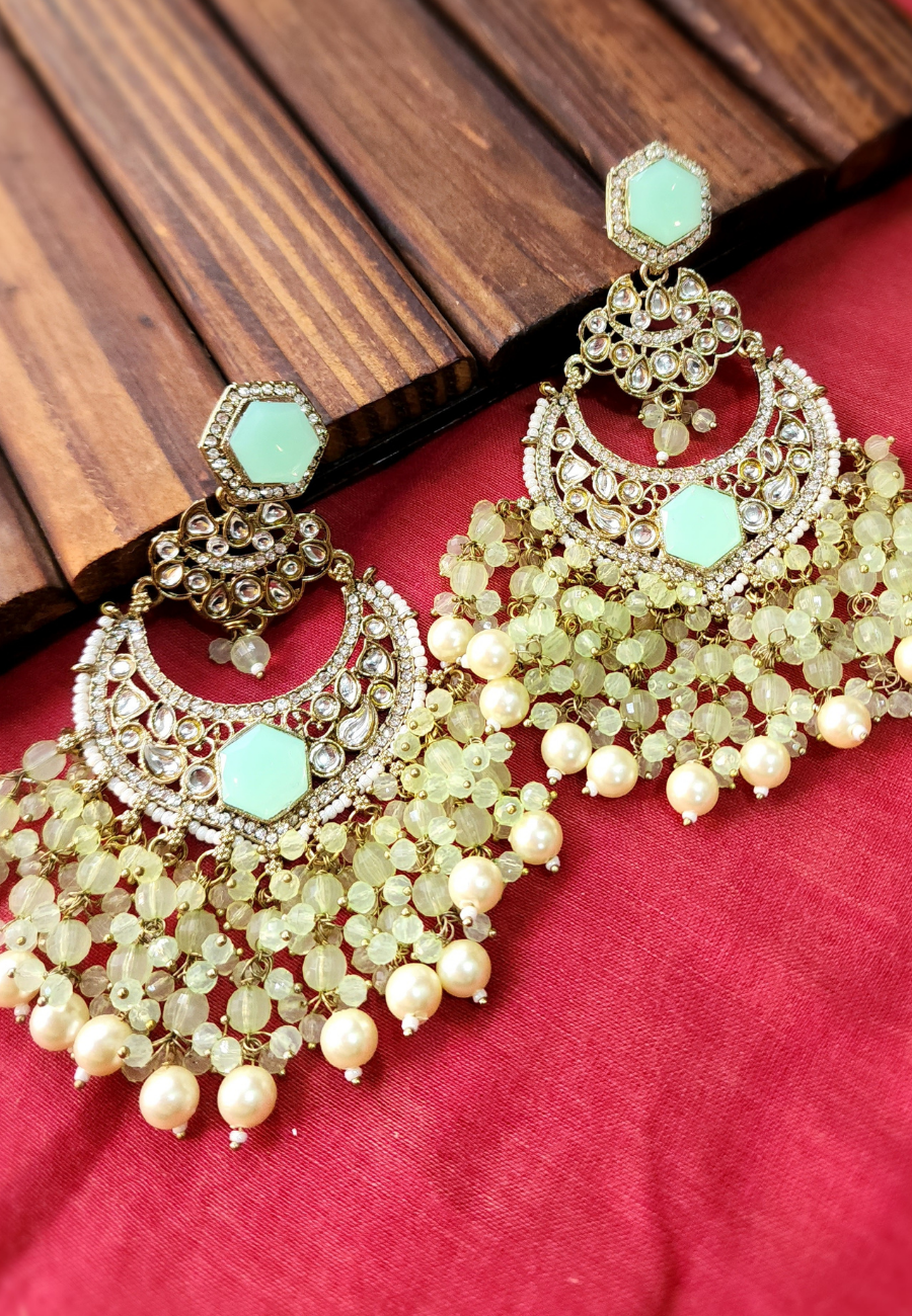 Nazma Mint Green Pearls Chandbali Earrings