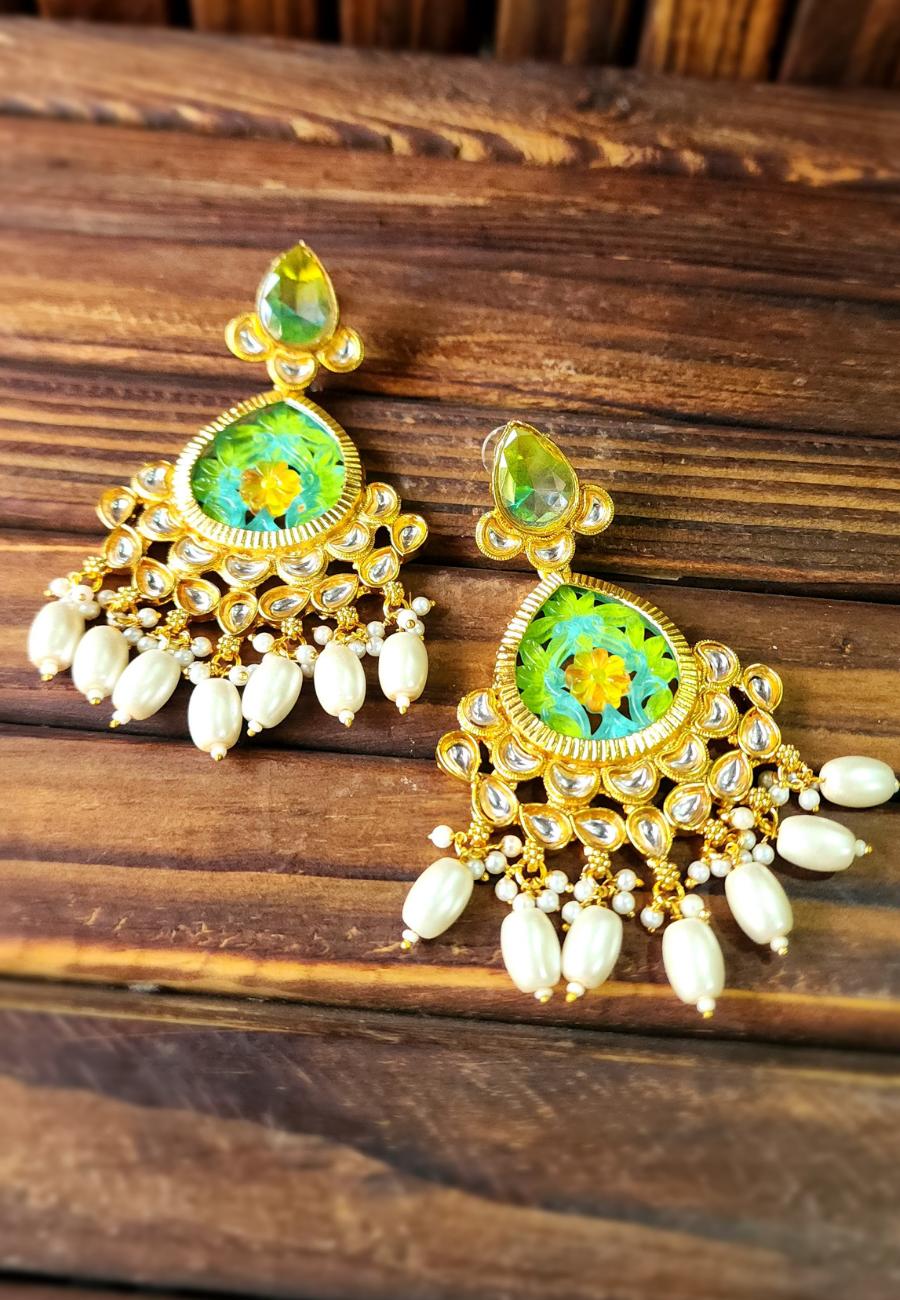 Aasavari Green Yellow Carved Stone Jhumar Earrings