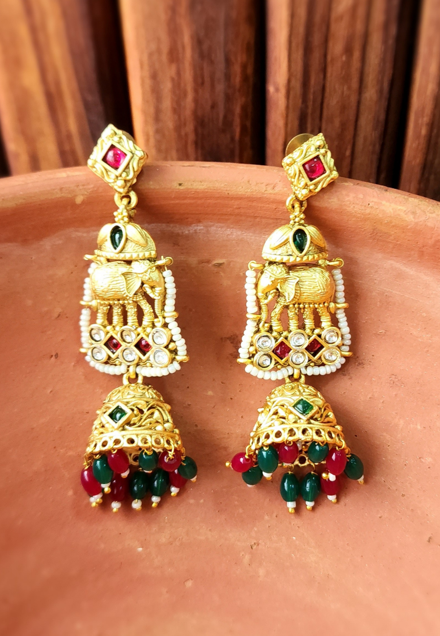 Aadhya Green Red Matt Temple Jhumka Earrings