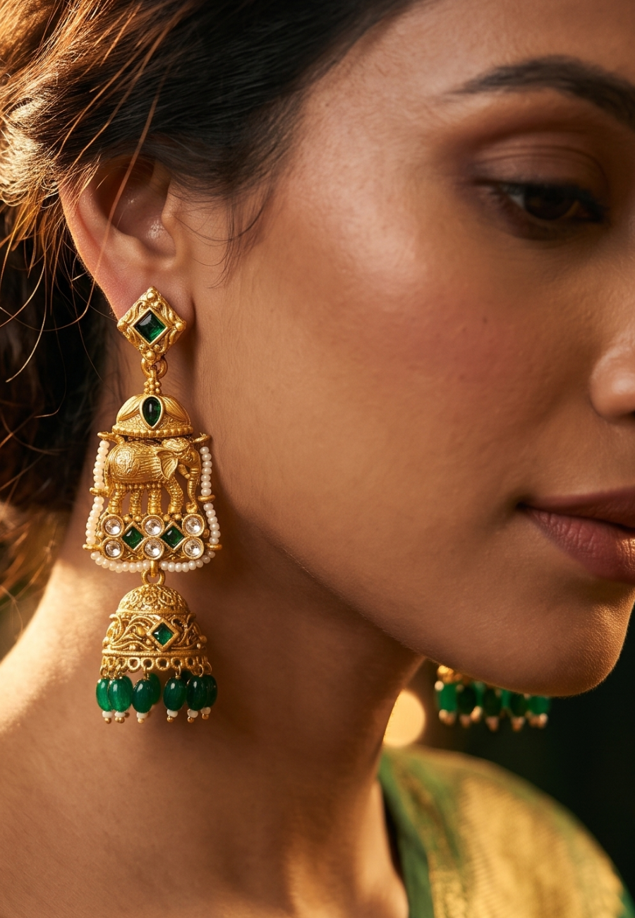 Aadhya Green Matt Temple Jhumka Earrings