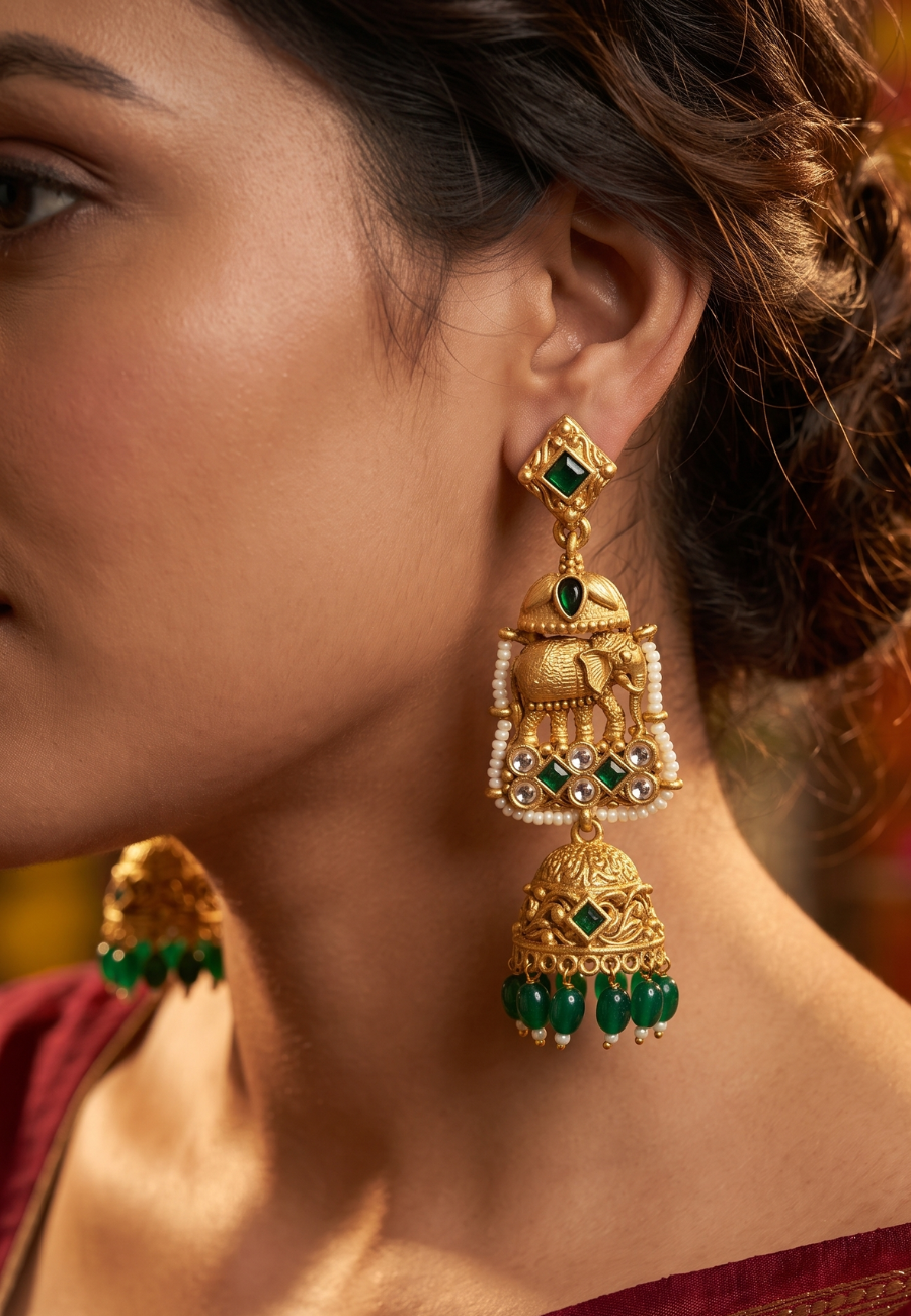 Aadhya Green Matt Temple Jhumka Earrings