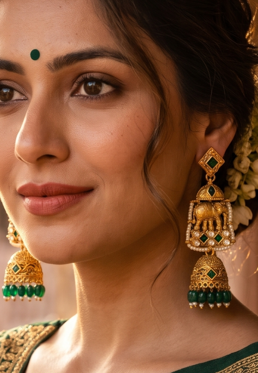 Aadhya Green Matt Temple Jhumka Earrings