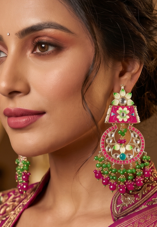 Qurbat Green Pink Meenakari Jhumar Earrings